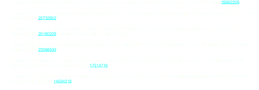 Hammond GRV. (2016) Does PtdIns(4,5)P2 concentrate so it can multi-task? Biochem Soc Trans. 44, 228–233. PMID 26862209. Hammond GR, Balla T. Polyphosphoinositide binding domains: Key to inositol lipid biology. iochimica Et Biophysica Acta, 1851, 746–758. PubMed PMID: 25732852. Hammond GR, Balla T. A tail of new lipids. EMBO J. 2014 Oct 1;33(19):2140-1. doi: 10.15252/embj.201489773. Epub 2014 Sep 1. PubMed PMID: 25180229; PubMed Central PMCID: PMC4282502. Hammond GR. Membrane biology: Making light work of lipids. Curr Biol. 2012 Oct 23;22(20):R869-71. doi: 10.1016/j.cub.2012.09.005. PubMed PMID: 23098593. Hammond GR, Schiavo G. Polyphosphoinositol lipids: under-PPInning synaptic function in health and disease. Dev Neurobiol. 2007 Aug;67(9):1232-47. Review. PubMed PMID: 17514716. Hammond G, Thomas CL, Schiavo G. Nuclear phosphoinositides and their functions. Curr Top Microbiol Immunol. 2004;282:177-206. Review. PubMed PMID: 14594218.